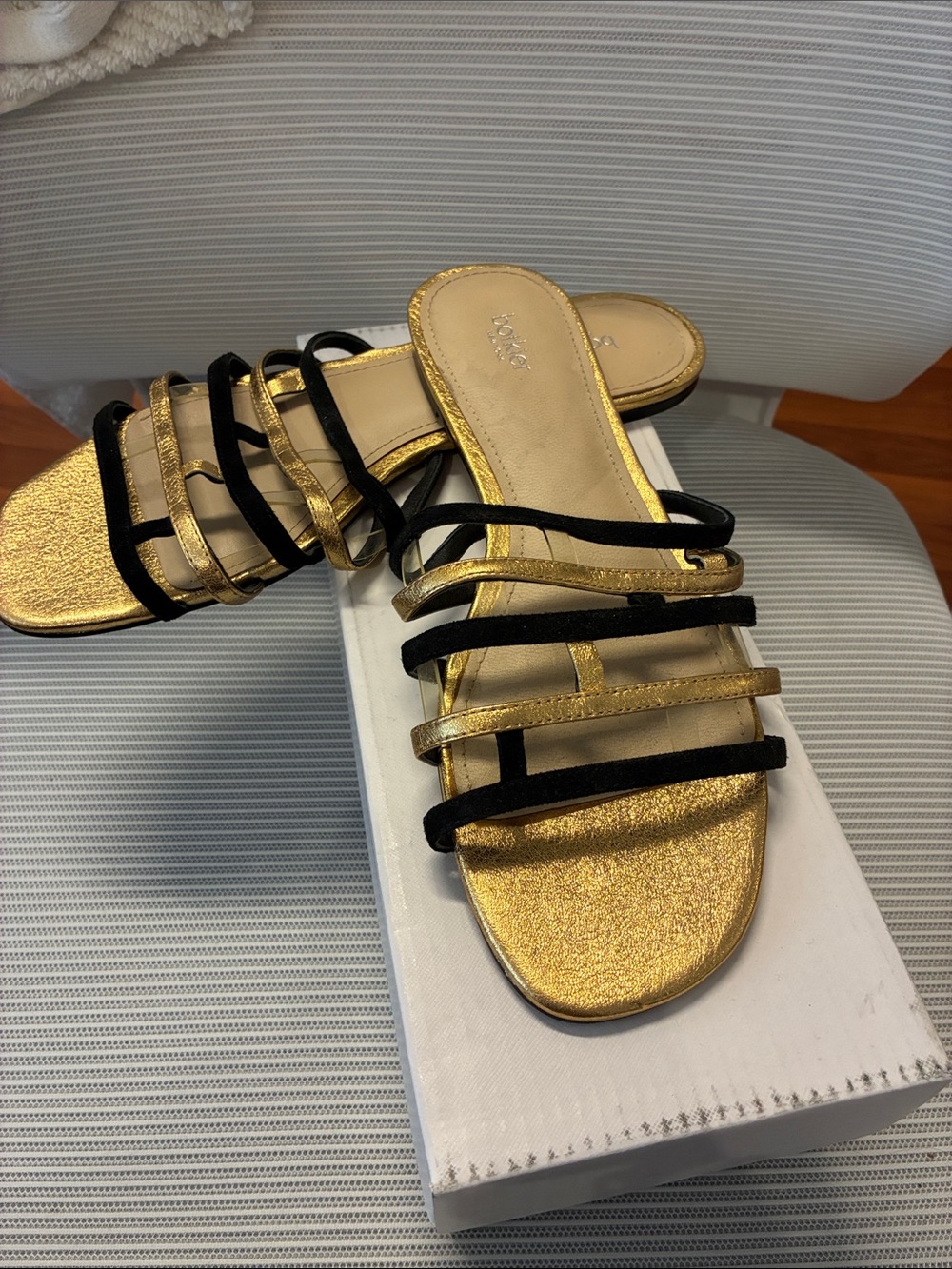 Botkier Gold and Black Multi-Strap Slide Sandals